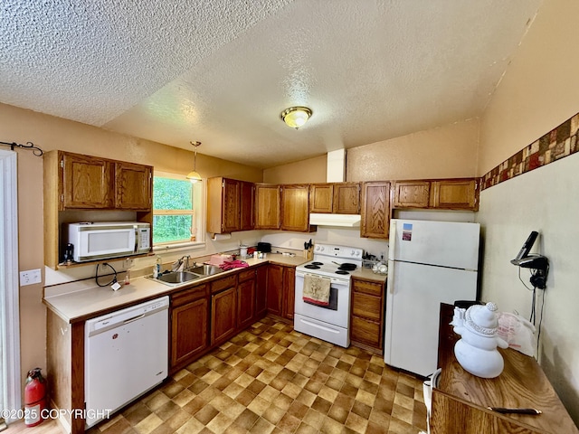 4941 E Rhubarb Cir, Wasilla, AK 99654 - kitchen featuring white appliances, under cabinet range hood, brown cabinetry, a textured ceiling, and light countertops