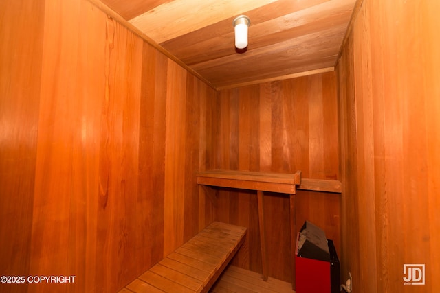 3139 Rosella St # G, Anchorage, AK 99504 - relaxing sauna featuring wood ceiling and wood walls