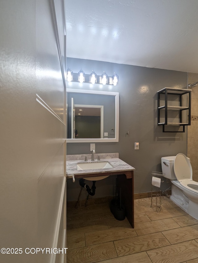 7324 Zurich St, Anchorage, AK 99507 - bathroom featuring a sink, toilet, and wood finished floors