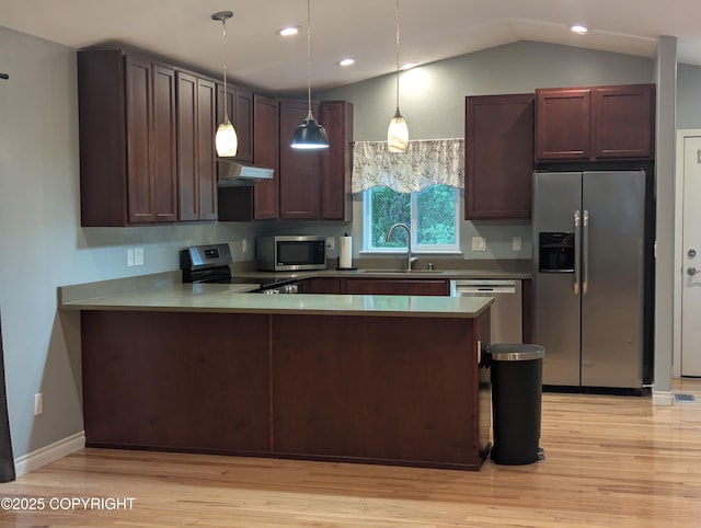 7324 Zurich St, Anchorage, AK 99507 - kitchen featuring stainless steel appliances, a sink, ventilation hood, light wood finished floors, and a peninsula