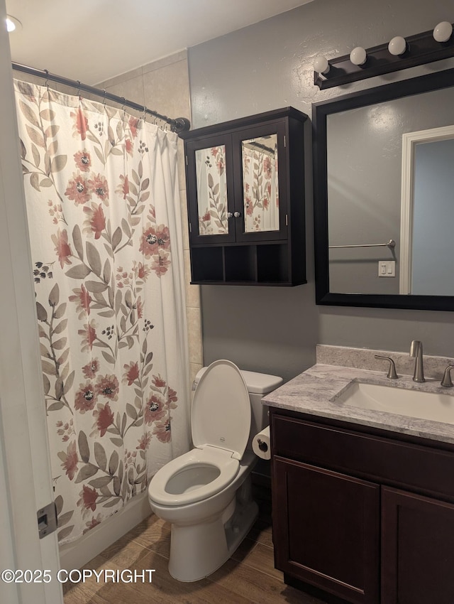 7324 Zurich St, Anchorage, AK 99507 - bathroom featuring toilet, vanity, a shower with curtain, and wood finished floors
