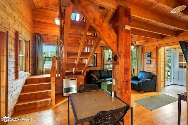 13364 Sterling Hwy, Ninilchik, AK 99639 - dining area with wood walls, hardwood / wood-style flooring, stairway, wooden ceiling, and heating unit