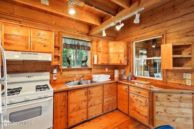 13364 Sterling Hwy, Ninilchik, AK 99639 - kitchen featuring white range with gas cooktop, track lighting, under cabinet range hood, wooden walls, and light wood-style floors