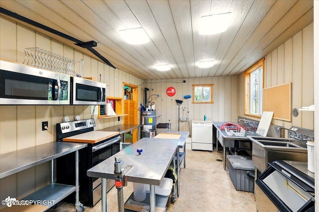 13364 Sterling Hwy, Ninilchik, AK 99639 - kitchen featuring stainless steel countertops, stainless steel microwave, range with electric cooktop, white dishwasher, and wooden walls