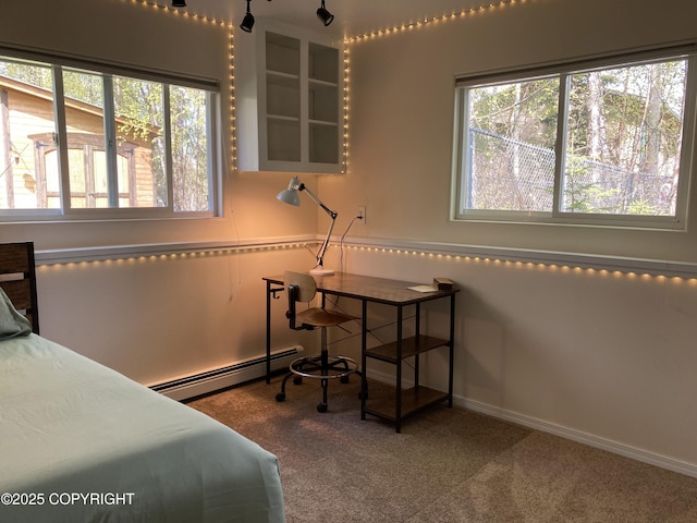 22909 Green Garden Dr, Chugiak, AK 99567 - bedroom featuring a baseboard radiator, carpet, and baseboards