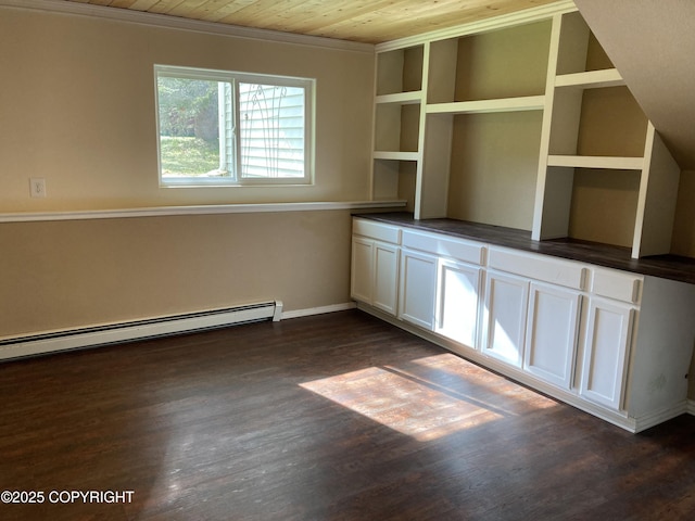 22909 Green Garden Dr, Chugiak, AK 99567 - spare room featuring wooden ceiling, dark wood finished floors, baseboards, and a baseboard radiator