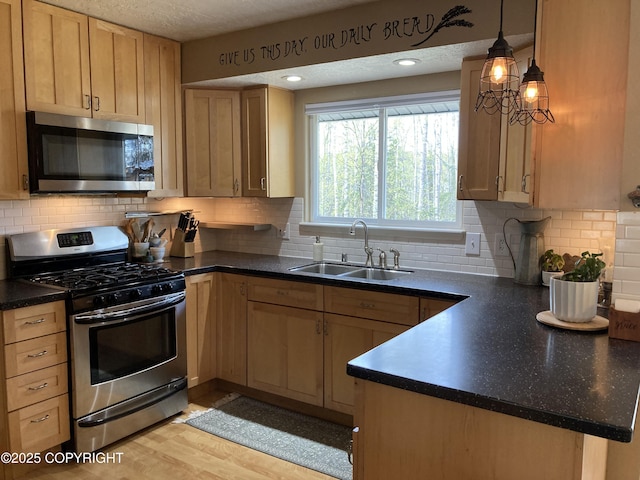 22909 Green Garden Dr, Chugiak, AK 99567 - kitchen with stainless steel appliances, a sink, dark countertops, light wood-type flooring, and decorative backsplash