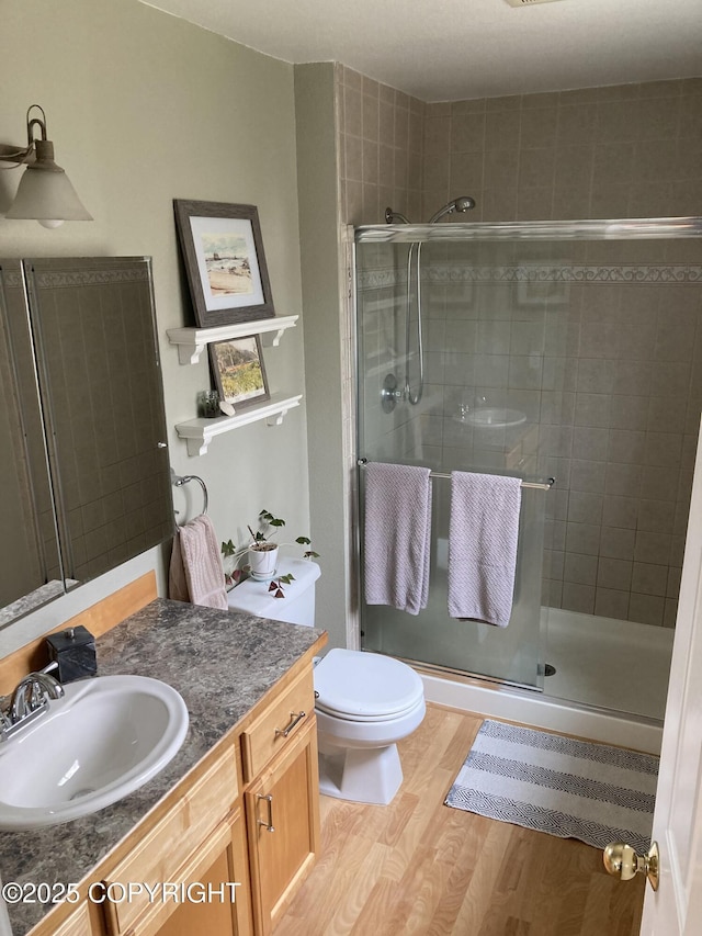 22909 Green Garden Dr, Chugiak, AK 99567 - bathroom with wood finished floors, vanity, toilet, and a stall shower