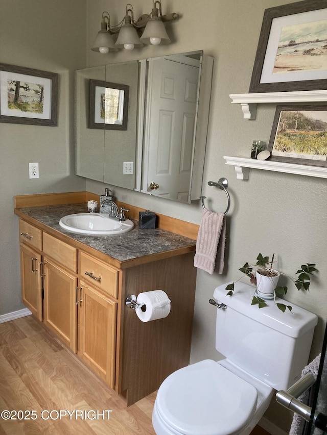 22909 Green Garden Dr, Chugiak, AK 99567 - half bathroom featuring toilet, vanity, and wood finished floors