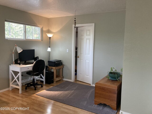 22909 Green Garden Dr, Chugiak, AK 99567 - office area with wood finished floors, baseboards, and a textured ceiling