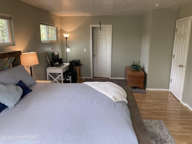 22909 Green Garden Dr, Chugiak, AK 99567 - bedroom featuring wood finished floors, multiple windows, an office area, baseboards, and a textured ceiling
