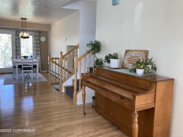 22909 Green Garden Dr, Chugiak, AK 99567 - staircase featuring wood finished floors, a baseboard radiator, and a textured ceiling