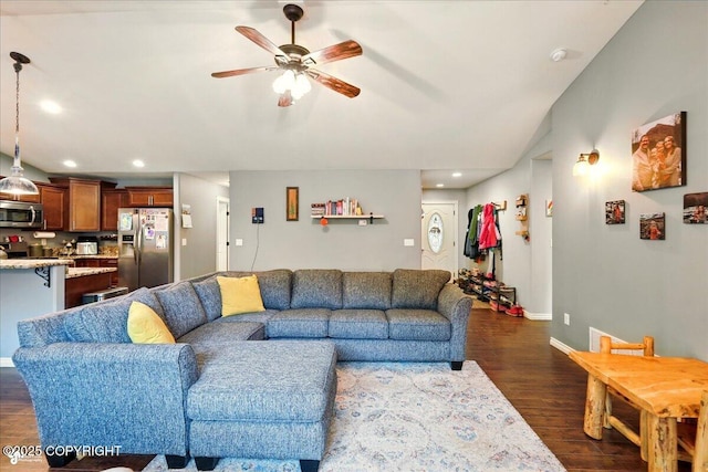 2700 S Hatcher Pass St, Wasilla, AK 99623 - living room with a ceiling fan, dark wood-type flooring, recessed lighting, and baseboards