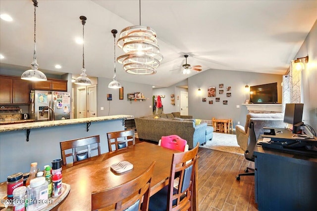 2700 S Hatcher Pass St, Wasilla, AK 99623 - dining area featuring vaulted ceiling, ceiling fan, dark wood-style floors, and recessed lighting