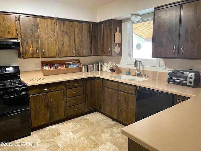 7700 E 32nd Ave, Anchorage, AK 99504 - kitchen with black appliances, a sink, light countertops, dark brown cabinetry, and extractor fan