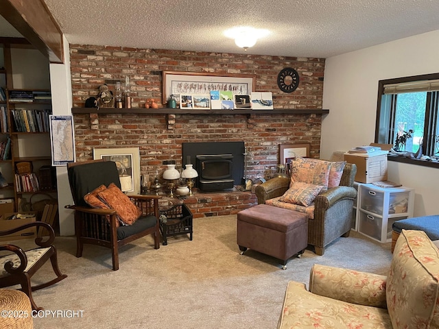 7700 E 32nd Ave, Anchorage, AK 99504 - living room featuring carpet flooring, a textured ceiling, and a wood stove