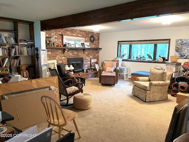 7700 E 32nd Ave, Anchorage, AK 99504 - carpeted living room with a wood stove and beam ceiling