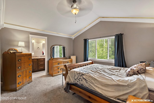542 S Tender Arctic Dr, Palmer, AK 99645 - bedroom featuring light colored carpet, lofted ceiling, ensuite bathroom, crown molding, and ceiling fan