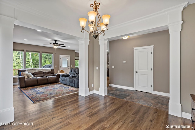542 S Tender Arctic Dr, Palmer, AK 99645 - living area with ornate columns, a ceiling fan, wood finished floors, baseboards, and recessed lighting
