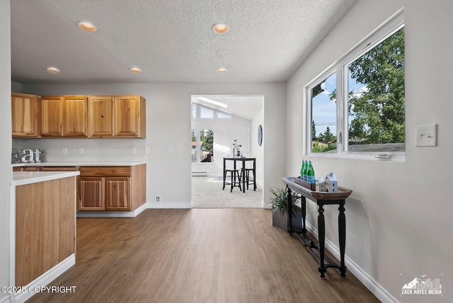 2105 W 47th Ave, Anchorage, AK 99517 - kitchen with wood finished floors, a textured ceiling, light countertops, a baseboard heating unit, and recessed lighting