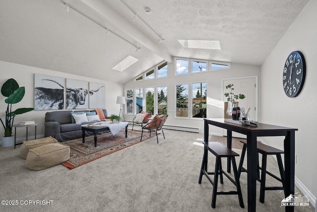2105 W 47th Ave, Anchorage, AK 99517 - carpeted living room with a skylight, vaulted ceiling, and a baseboard heating unit