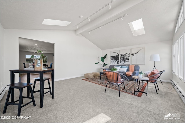 2105 W 47th Ave, Anchorage, AK 99517 - carpeted living room with a skylight, vaulted ceiling, rail lighting, and a baseboard heating unit