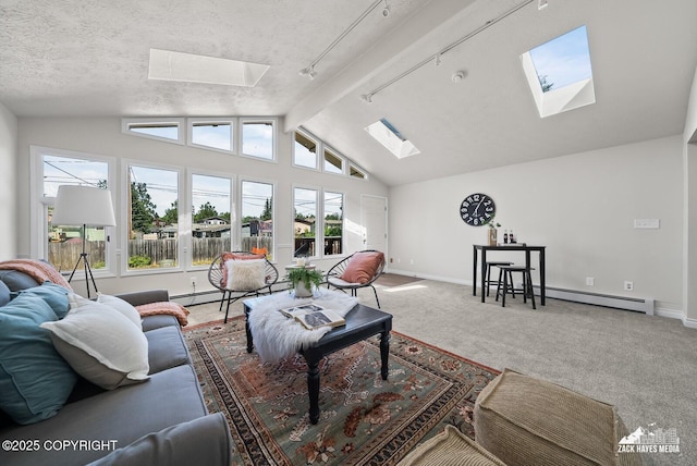 2105 W 47th Ave, Anchorage, AK 99517 - carpeted living room with a skylight, a baseboard heating unit, and lofted ceiling