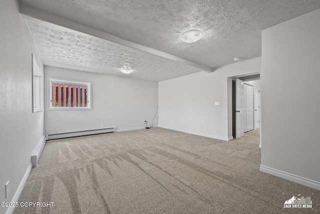 2105 W 47th Ave, Anchorage, AK 99517 - empty room featuring baseboard heating, carpet, a textured ceiling, and beam ceiling