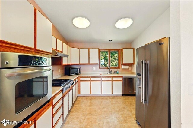 4085 Calhoun St, Homer, AK 99603 - kitchen featuring stainless steel appliances, under cabinet range hood, a sink, light countertops, and white cabinets