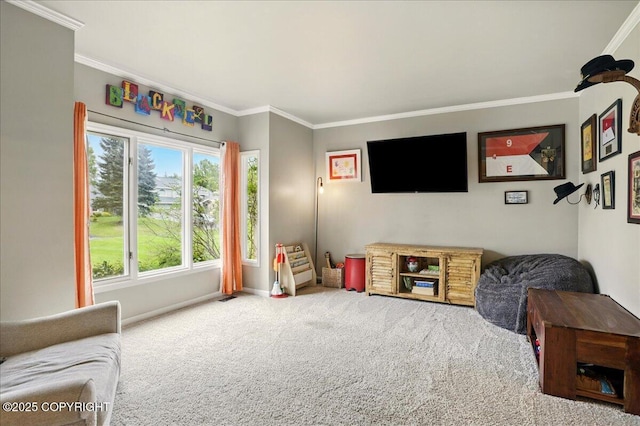 12830 Mission Cir, Anchorage, AK 99516 - carpeted living area featuring crown molding and baseboards