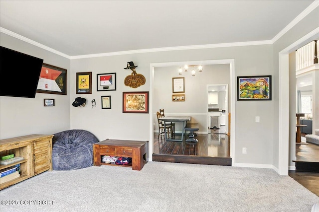 12830 Mission Cir, Anchorage, AK 99516 - sitting room with crown molding, carpet flooring, baseboards, and a chandelier