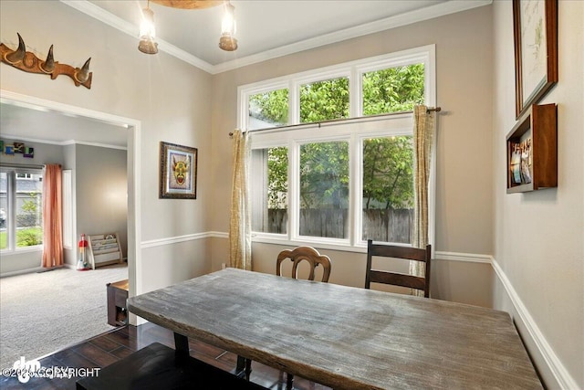 12830 Mission Cir, Anchorage, AK 99516 - dining space with dark wood-style floors, ornamental molding, and baseboards