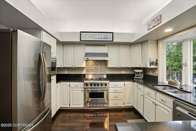 12830 Mission Cir, Anchorage, AK 99516 - kitchen with stainless steel appliances, a sink, wall chimney range hood, dark wood finished floors, and tasteful backsplash