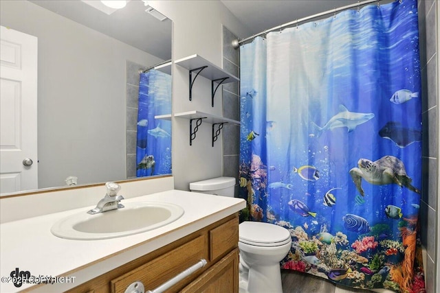 12830 Mission Cir, Anchorage, AK 99516 - bathroom with toilet, vanity, wood finished floors, and a shower with curtain