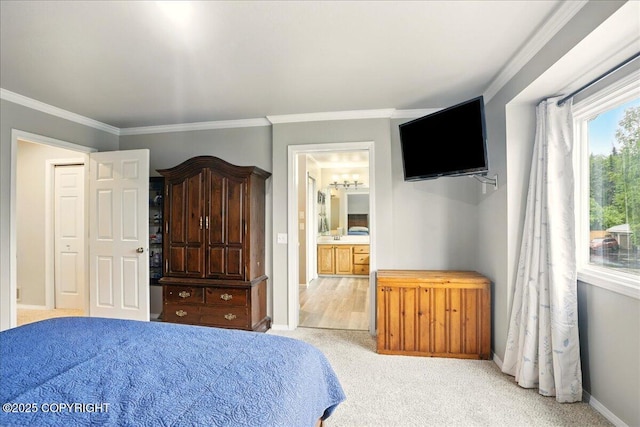 12830 Mission Cir, Anchorage, AK 99516 - bedroom featuring baseboards, ornamental molding, a chandelier, ensuite bathroom, and light colored carpet