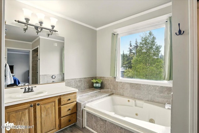 12830 Mission Cir, Anchorage, AK 99516 - bathroom featuring a whirlpool tub, vanity, ensuite bath, and crown molding