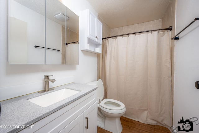 5275 E Birch Dr, Wasilla, AK 99654 - full bathroom with wood finished floors, vanity, a shower with shower curtain, and a textured ceiling