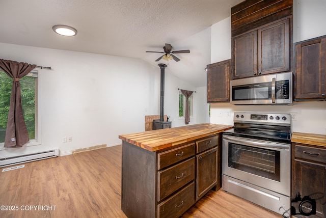 5275 E Birch Dr, Wasilla, AK 99654 - kitchen with appliances with stainless steel finishes, butcher block counters, a baseboard radiator, dark brown cabinets, and lofted ceiling
