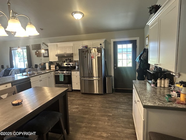 9074 W John St, Wasilla, AK 99654 - kitchen featuring stainless steel appliances, a chandelier, under cabinet range hood, and healthy amount of natural light