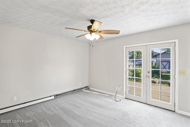 1100 Fred Cir, Anchorage, AK 99515 - carpeted spare room featuring french doors, baseboards, ceiling fan, a baseboard heating unit, and a textured ceiling