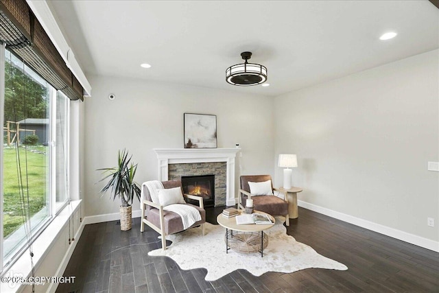 8683 Estates Cir, Anchorage, AK 99507 - living area with recessed lighting, dark wood finished floors, and a fireplace