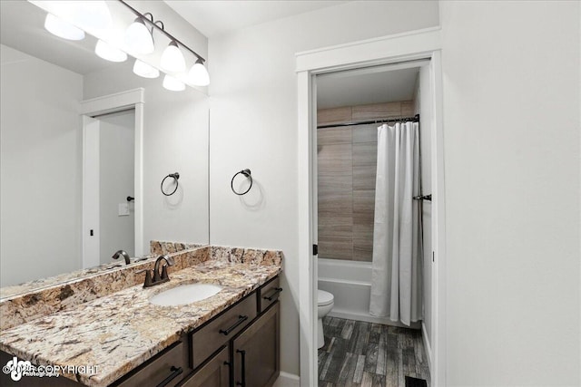 8683 Estates Cir, Anchorage, AK 99507 - bathroom featuring vanity, wood finished floors, and shower / tub combo with curtain
