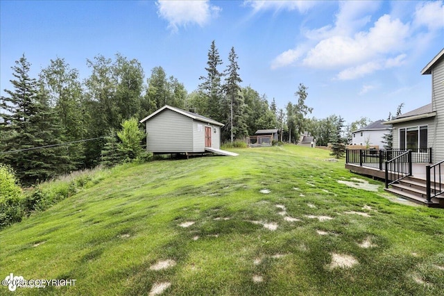 8683 Estates Cir, Anchorage, AK 99507 - view of grassy yard with a wooden deck and a shed