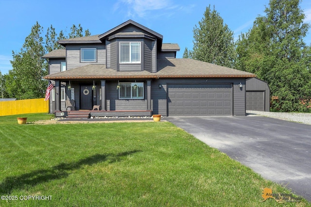 2548 S Gallop Cir, Wasilla, AK 99654 - view of front of house featuring an attached garage, covered porch, asphalt driveway, and roof with shingles