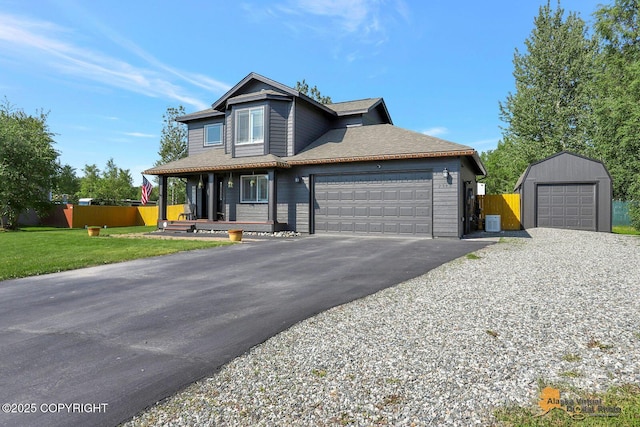 2548 S Gallop Cir, Wasilla, AK 99654 - view of front of home featuring covered porch, a garage, asphalt driveway, and an outbuilding