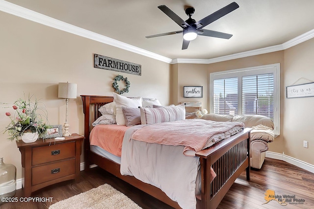 2548 S Gallop Cir, Wasilla, AK 99654 - bedroom with crown molding, dark wood-style flooring, and a ceiling fan