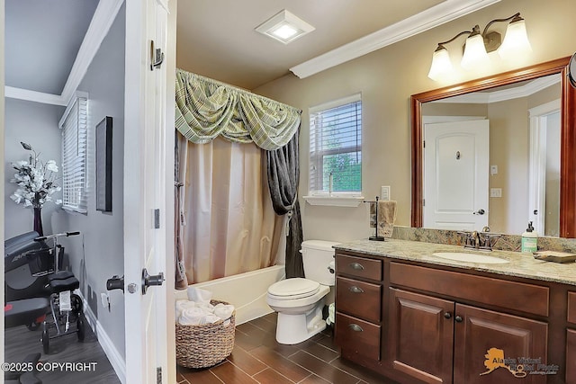 2548 S Gallop Cir, Wasilla, AK 99654 - bathroom featuring ornamental molding, vanity, shower / bath combo with shower curtain, and wood finished floors