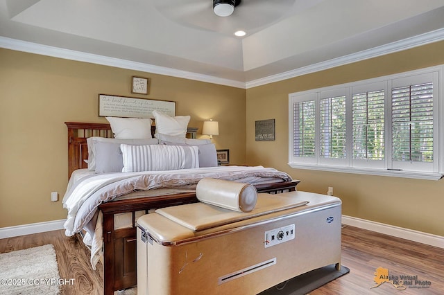 2548 S Gallop Cir, Wasilla, AK 99654 - bedroom with a tray ceiling, wood finished floors, and crown molding