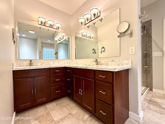 14740 Maxwell Pl, Anchorage, AK 99516 - full bathroom with double vanity, a shower stall, and baseboards