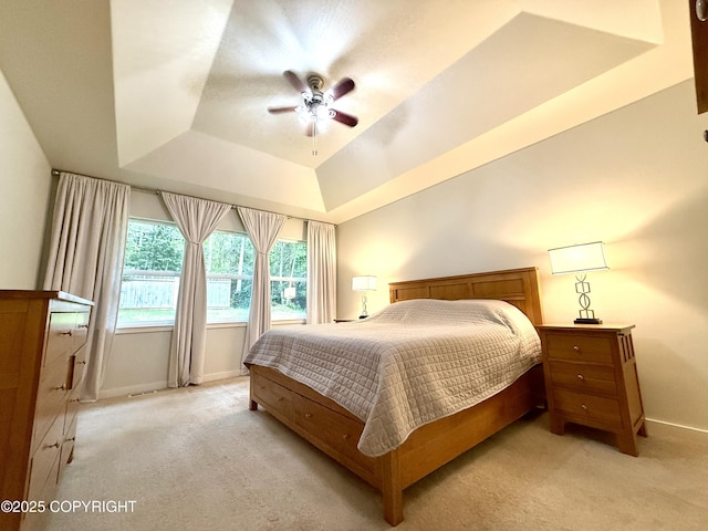 14740 Maxwell Pl, Anchorage, AK 99516 - bedroom with light carpet, a raised ceiling, baseboards, and a ceiling fan